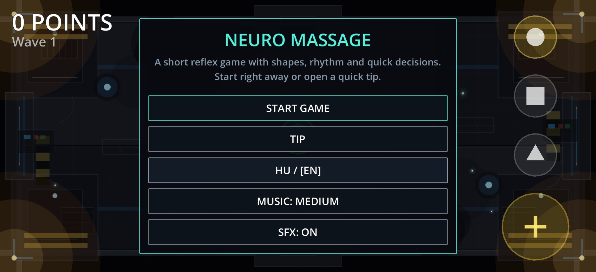 Neuro Massage játékmenü és formaválasztó gombok